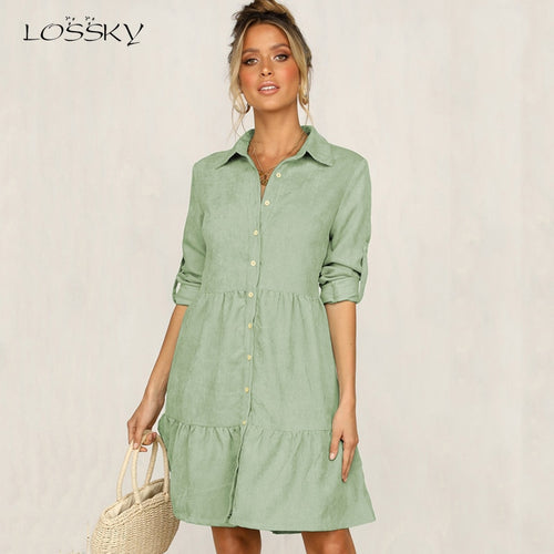 Lossky Shirt Dress Long Sleeve Women Spring Office Work Dress Chic Button White Black Ladies Slim Midi Dresses 2020 Clothes