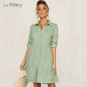 Lossky Shirt Dress Long Sleeve Women Spring Office Work Dress Chic Button White Black Ladies Slim Midi Dresses 2020 Clothes