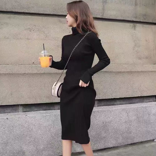 Women Autumn Winter Dress Solid Color High Collar Dress Knit Mid-long Slim Dress For Women