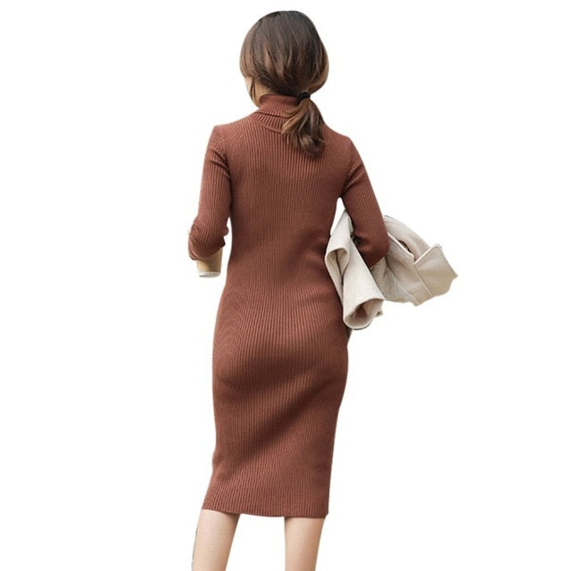 Women Autumn Winter Dress Solid Color High Collar Dress Knit Mid-long Slim Dress For Women