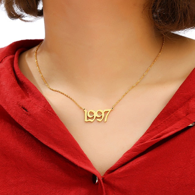 QIAMNI Stainless Steel 1985-2020 Birth Year Necklaces for Women Men Choker Date Number Pendant Necklace Jewelry Commemorat Gift