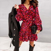 Load image into Gallery viewer, Spring Long Lantern Sleeve Print Wrap Dress Women Elegant Ruffles V Neck Red Party Dresses Autumn Female A Line Office Vestidos