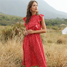 Load image into Gallery viewer, 2021 New Summer Dot Print Dress Women Casual Butterfly Sleeve Ruffles Medium Long Chiffon Dress