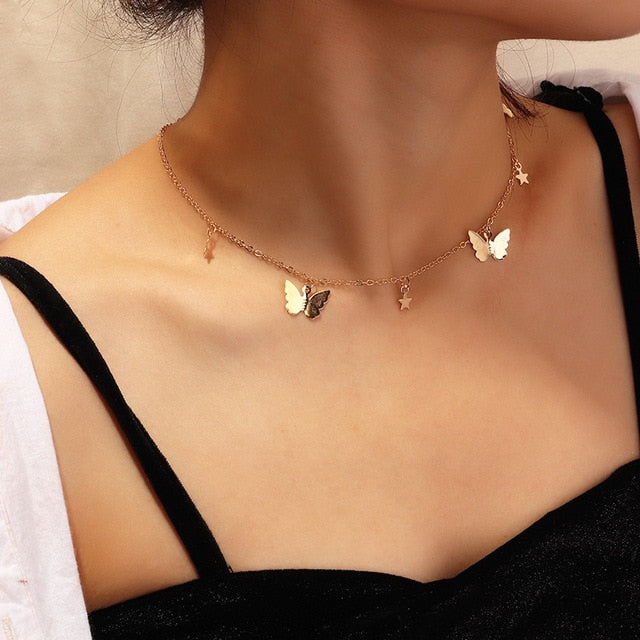 LATS Gold Silver Color Chain Butterfly Pendant Choker Necklace Women Statement Collares Bohemia Beach Jewelry Gift Collier Cheap