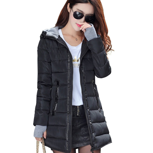 2019 women winter hooded warm coat slim plus size candy color cotton padded basic jacket female medium-long  jaqueta feminina