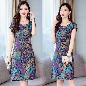 Xl-5xl 2019 Women Print Dresses Long Casual O-neck Cotton Dress Short Sleeves Mid-calf Plus Size Loose Vestidos Clothes