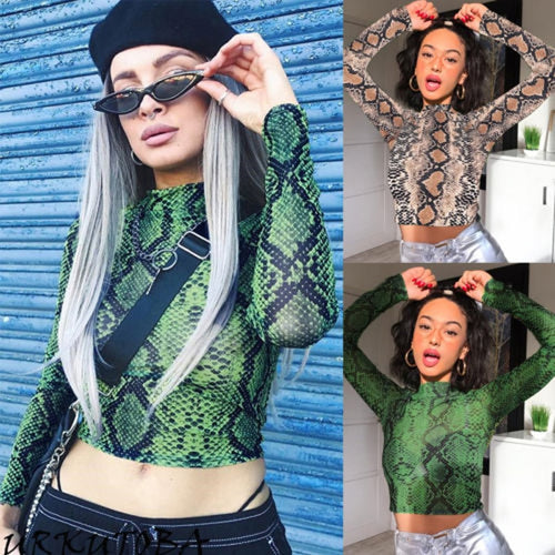 2019 Brand New Women Snakeskin Mesh Sheer  Crop Top T Shirt Party See-through