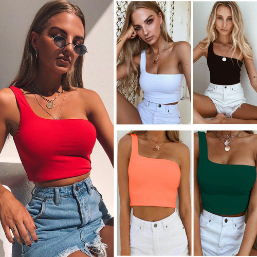 Women Sexy Cool Single One Shoulder Tank Tops Vest Bare Midriff Sleeveless T-Shirt Summer Beach Crop Top