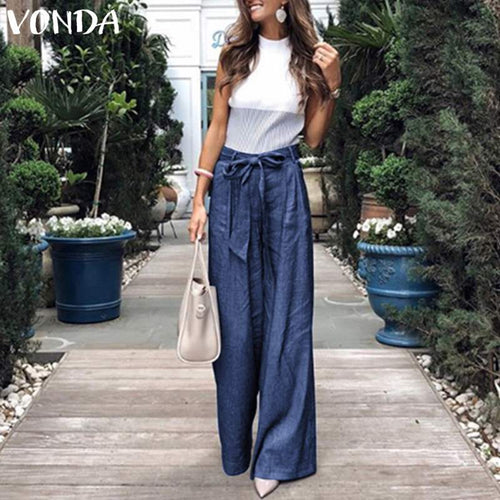 VONDA Summer Pants 2019 Loose Denim Wide Leg Pants Jeans Elastic High Waist Trousers Womens Clothing Casual Bottoms Pantalon 5XL