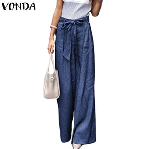 VONDA Summer Pants 2019 Loose Denim Wide Leg Pants Jeans Elastic High Waist Trousers Womens Clothing Casual Bottoms Pantalon 5XL