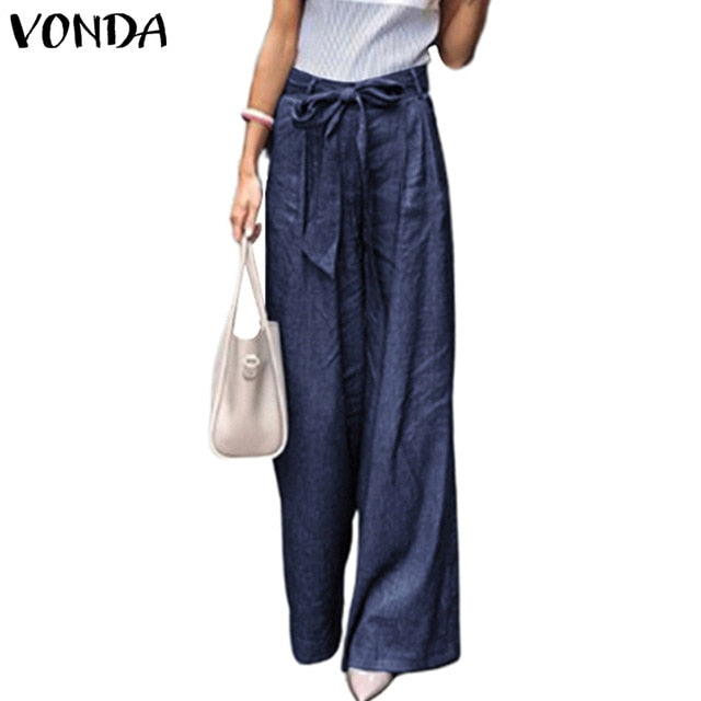 VONDA Summer Pants 2019 Loose Denim Wide Leg Pants Jeans Elastic High Waist Trousers Womens Clothing Casual Bottoms Pantalon 5XL