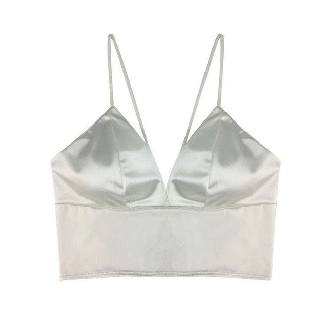 2 Colors Black White Satin Cami Tops Women's Bralette Bustier Bra Vest Shirt V Neck Ladies Top Backless Shirts Female Camisole
